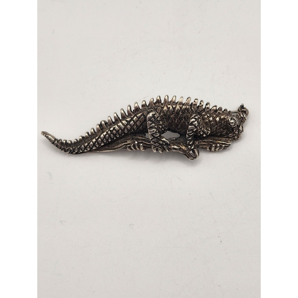 Vintage 925 Sterling Silver‎ Iguana Lizard Brooch Pin Reptile Scaled Detailed